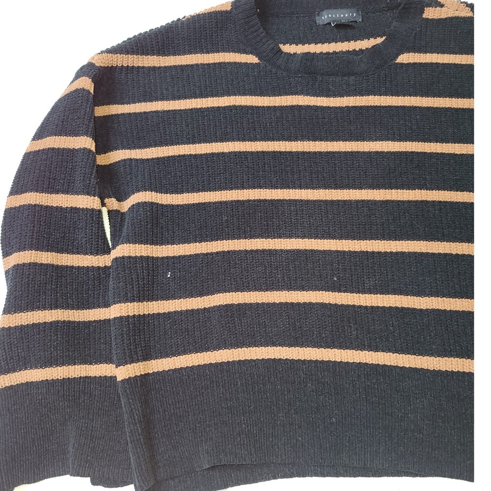 Sanctuary Womens Striped Knit Crewneck Sweater Black Brown Large 3109